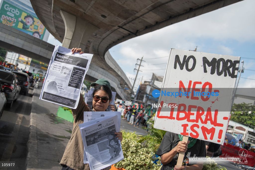 BANGKOK, THAILAND, OCTOBER 15, 2026: Civil society activists march in Bangkok to protest against the World Bank and the International Monetary Fund during their 2026 Annual Meetings. Demonstrators carry banners and signs opposing the institutions as organisers seek police permission to demonstrate outside the Queen Sirikit National Convention Center. Photo by Panawat Seangsotg / JNA Press. (Photo by Panawat Seangsotg/JNA Press via Nexpher Images)