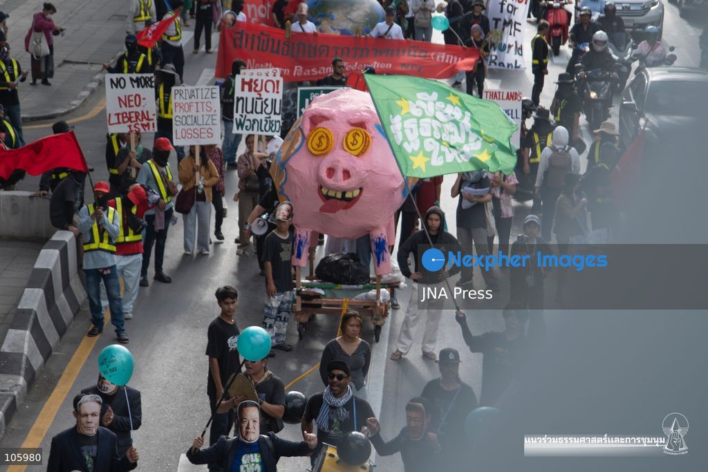 BANGKOK, THAILAND, OCTOBER 15, 2026: Civil society activists march in Bangkok to protest against the World Bank and the International Monetary Fund during their 2026 Annual Meetings. Demonstrators carry banners and signs opposing the institutions as organisers seek police permission to demonstrate outside the Queen Sirikit National Convention Center. Photo by Panawat Seangsotg / JNA Press. (Photo by Panawat Seangsotg/JNA Press via Nexpher Images)