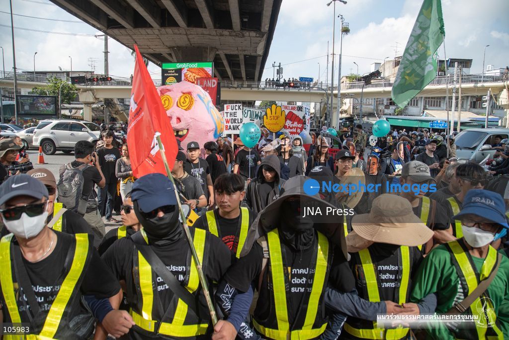 BANGKOK, THAILAND, OCTOBER 15, 2026: Civil society activists march in Bangkok to protest against the World Bank and the International Monetary Fund during their 2026 Annual Meetings. Demonstrators carry banners and signs opposing the institutions as organisers seek police permission to demonstrate outside the Queen Sirikit National Convention Center. Photo by Panawat Seangsotg / JNA Press. (Photo by Panawat Seangsotg/JNA Press via Nexpher Images)
