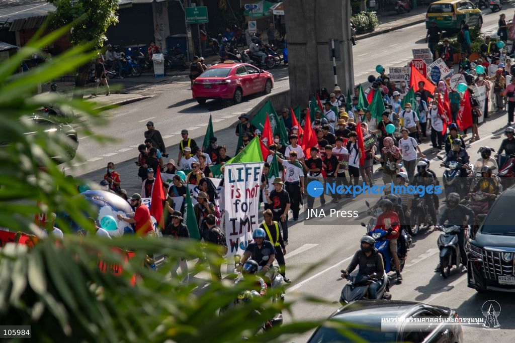 BANGKOK, THAILAND, OCTOBER 15, 2026: Civil society activists march in Bangkok to protest against the World Bank and the International Monetary Fund during their 2026 Annual Meetings. Demonstrators carry banners and signs opposing the institutions as organisers seek police permission to demonstrate outside the Queen Sirikit National Convention Center. Photo by Panawat Seangsotg / JNA Press. (Photo by Panawat Seangsotg/JNA Press via Nexpher Images)