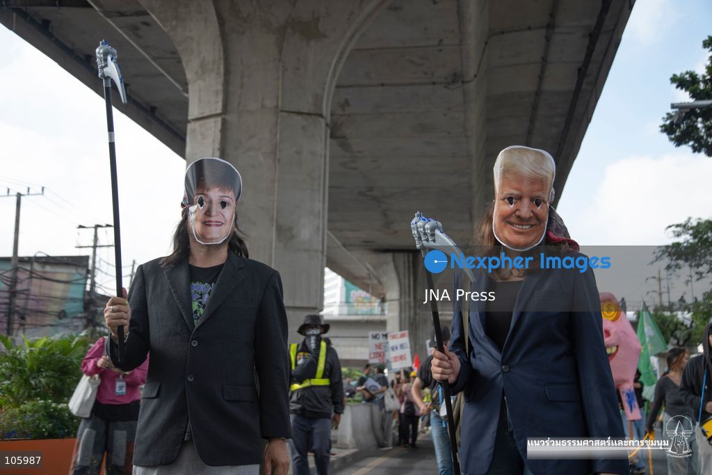 BANGKOK, THAILAND, OCTOBER 15, 2026: Civil society activists march in Bangkok to protest against the World Bank and the International Monetary Fund during their 2026 Annual Meetings. Demonstrators carry banners and signs opposing the institutions as organisers seek police permission to demonstrate outside the Queen Sirikit National Convention Center. Photo by Panawat Seangsotg / JNA Press. (Photo by Panawat Seangsotg/JNA Press via Nexpher Images)