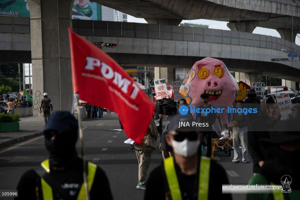 BANGKOK, THAILAND, OCTOBER 15, 2026: Civil society activists march in Bangkok to protest against the World Bank and the International Monetary Fund during their 2026 Annual Meetings. Demonstrators carry banners and signs opposing the institutions as organisers seek police permission to demonstrate outside the Queen Sirikit National Convention Center. Photo by Panawat Seangsotg / JNA Press. (Photo by Panawat Seangsotg/JNA Press via Nexpher Images)