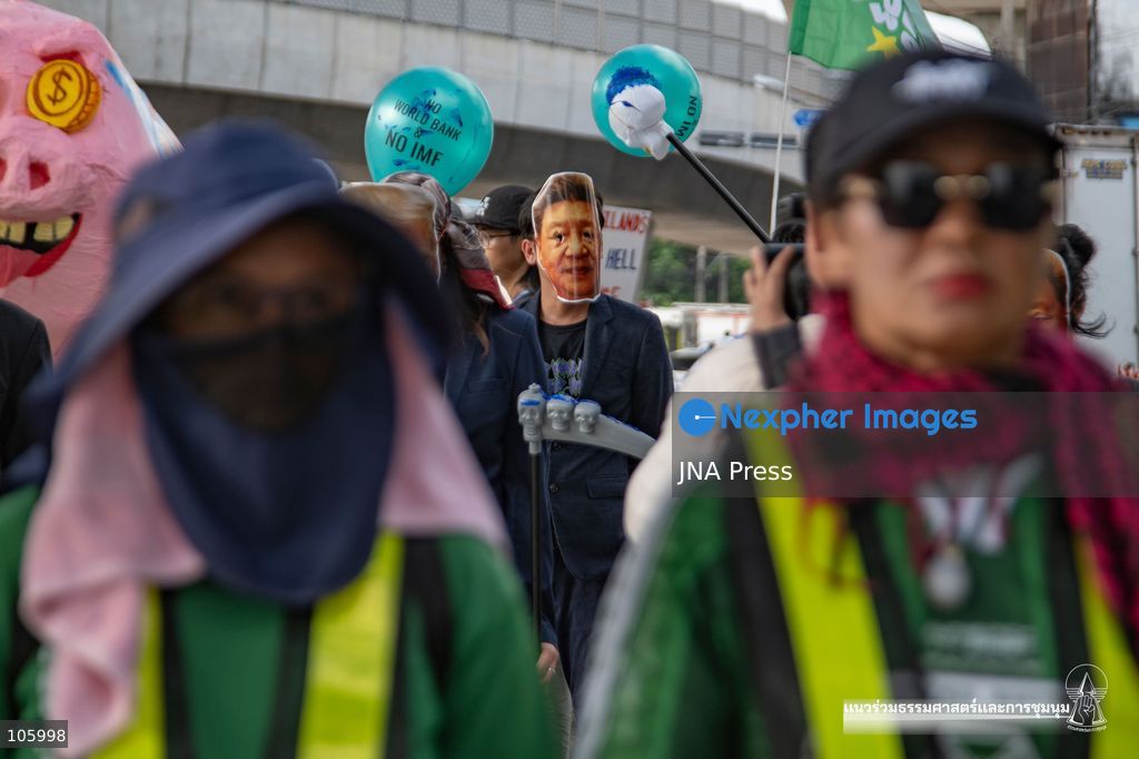 BANGKOK, THAILAND, OCTOBER 15, 2026: Civil society activists march in Bangkok to protest against the World Bank and the International Monetary Fund during their 2026 Annual Meetings. Demonstrators carry banners and signs opposing the institutions as organisers seek police permission to demonstrate outside the Queen Sirikit National Convention Center. Photo by Panawat Seangsotg / JNA Press. (Photo by Panawat Seangsotg/JNA Press via Nexpher Images)