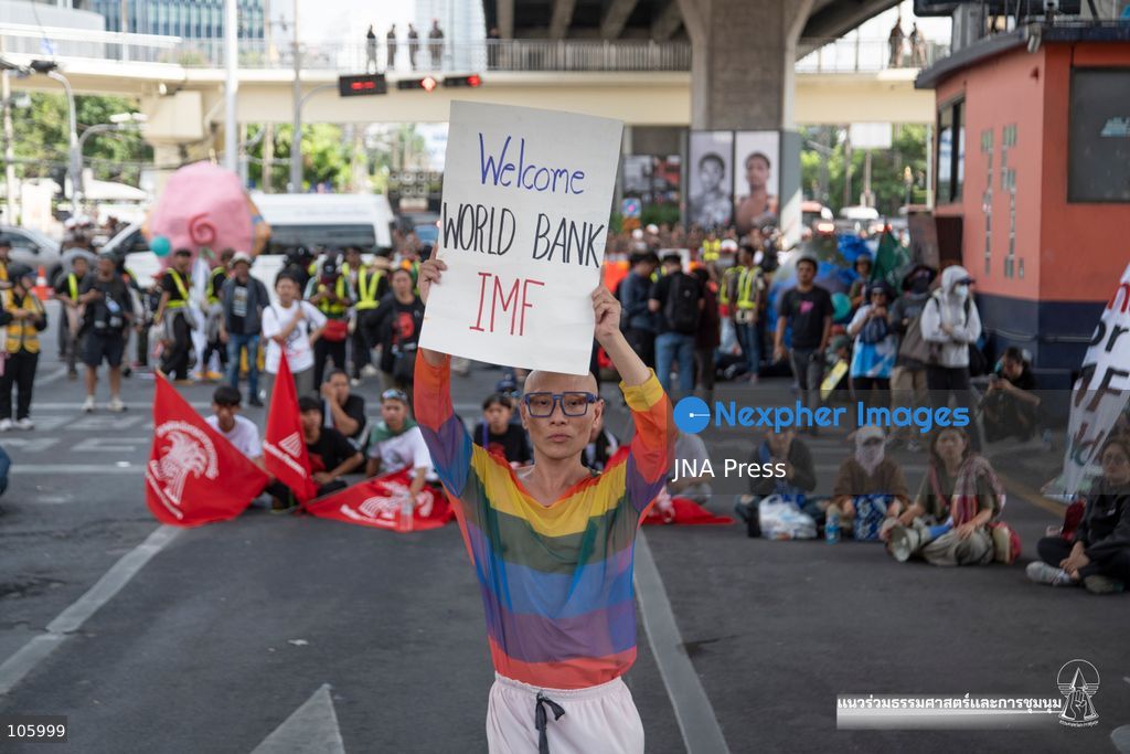 BANGKOK, THAILAND, OCTOBER 15, 2026: Civil society activists march in Bangkok to protest against the World Bank and the International Monetary Fund during their 2026 Annual Meetings. Demonstrators carry banners and signs opposing the institutions as organisers seek police permission to demonstrate outside the Queen Sirikit National Convention Center. Photo by Panawat Seangsotg / JNA Press. (Photo by Panawat Seangsotg/JNA Press via Nexpher Images)