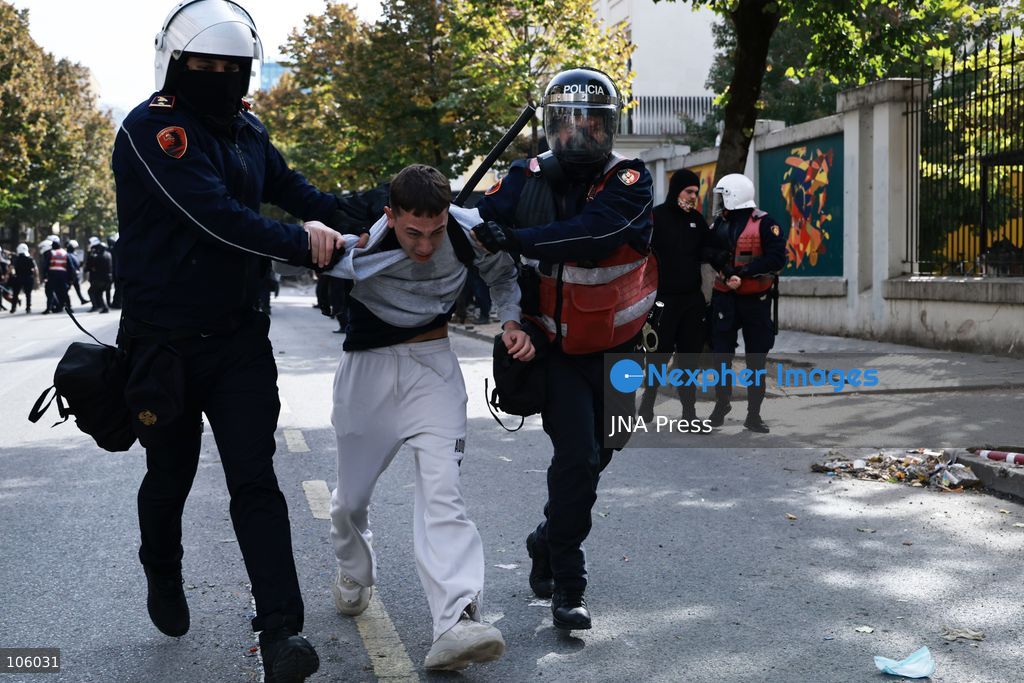 TIRANA, ALBANIA, OCTOBER 15, 2026: Students and other demonstrators take part in continuing anti-government protests in Tirana, demanding improved university conditions and the resignation of Prime Minister Edi Rama. Protesters clash with riot police as the unrest continues for a third consecutive day. Photo by Vlasov Sulaj / JNA Press. (Photo by Vlasov Sulaj/JNA Press via Nexpher Images)