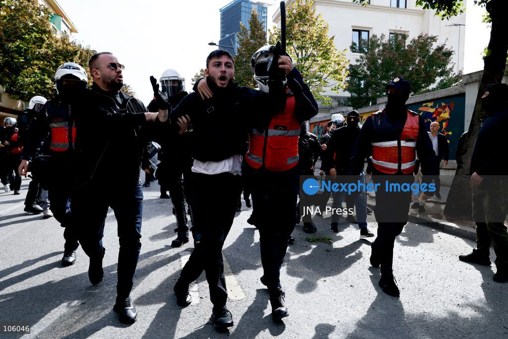 TIRANA, ALBANIA, OCTOBER 15, 2026: Students and other demonstrators take part in continuing anti-government protests in Tirana, demanding improved university conditions and the resignation of Prime Minister Edi Rama. Protesters clash with riot police as the unrest continues for a third consecutive day. Photo by Vlasov Sulaj / JNA Press. (Photo by Vlasov Sulaj/JNA Press via Nexpher Images)