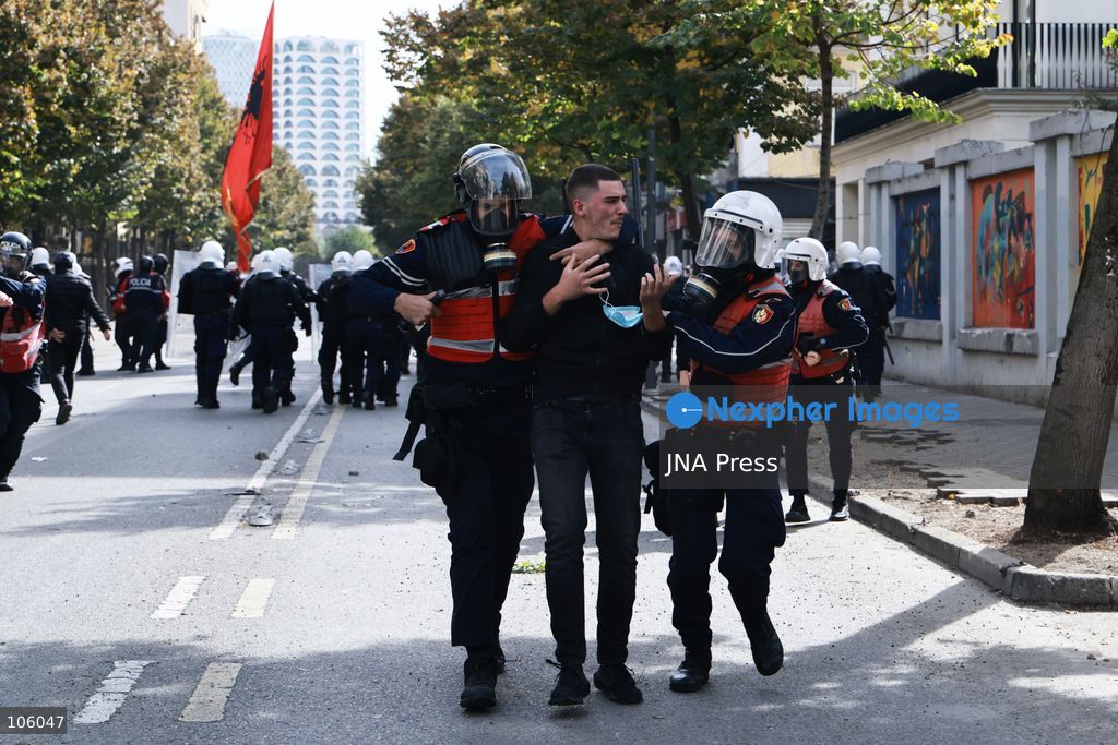 TIRANA, ALBANIA, OCTOBER 15, 2026: Students and other demonstrators take part in continuing anti-government protests in Tirana, demanding improved university conditions and the resignation of Prime Minister Edi Rama. Protesters clash with riot police as the unrest continues for a third consecutive day. Photo by Vlasov Sulaj / JNA Press. (Photo by Vlasov Sulaj/JNA Press via Nexpher Images)