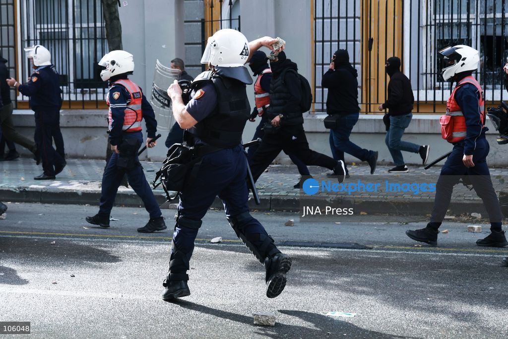 TIRANA, ALBANIA, OCTOBER 15, 2026: Students and other demonstrators take part in continuing anti-government protests in Tirana, demanding improved university conditions and the resignation of Prime Minister Edi Rama. Protesters clash with riot police as the unrest continues for a third consecutive day. Photo by Vlasov Sulaj / JNA Press. (Photo by Vlasov Sulaj/JNA Press via Nexpher Images)