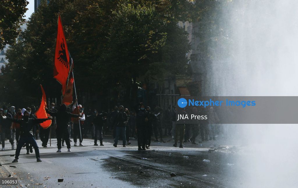 TIRANA, ALBANIA, OCTOBER 15, 2026: Students and other demonstrators take part in continuing anti-government protests in Tirana, demanding improved university conditions and the resignation of Prime Minister Edi Rama. Protesters clash with riot police as the unrest continues for a third consecutive day. Photo by Vlasov Sulaj / JNA Press. (Photo by Vlasov Sulaj/JNA Press via Nexpher Images)