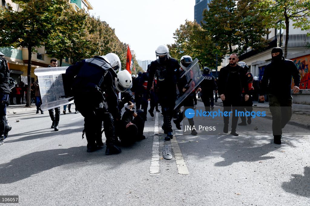 TIRANA, ALBANIA, OCTOBER 15, 2026: Students and other demonstrators take part in continuing anti-government protests in Tirana, demanding improved university conditions and the resignation of Prime Minister Edi Rama. Protesters clash with riot police as the unrest continues for a third consecutive day. Photo by Vlasov Sulaj / JNA Press. (Photo by Vlasov Sulaj/JNA Press via Nexpher Images)
