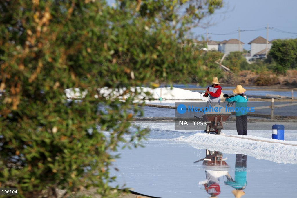 SIDOARJO, EAST JAVA, INDONESIA, OCTOBER 15, 2026: A worker harvests salt from evaporation ponds in Sedati district, Sidoarjo, East Java. Indonesia is seeking to expand domestic salt production and improve quality as part of its target to achieve salt self-sufficiency by 2027. Photo by Patrik Cahyo Lumintu / JNA Press. (Photo by Patrik Cahyo Lumintu/JNA Press via Nexpher Images)