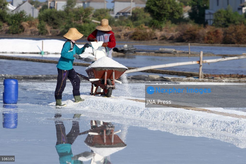 SIDOARJO, EAST JAVA, INDONESIA, OCTOBER 15, 2026: A worker harvests salt from evaporation ponds in Sedati district, Sidoarjo, East Java. Indonesia is seeking to expand domestic salt production and improve quality as part of its target to achieve salt self-sufficiency by 2027. Photo by Patrik Cahyo Lumintu / JNA Press. (Photo by Patrik Cahyo Lumintu/JNA Press via Nexpher Images)