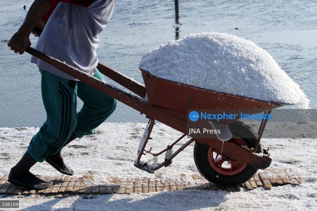 SIDOARJO, EAST JAVA, INDONESIA, OCTOBER 15, 2026: A worker harvests salt from evaporation ponds in Sedati district, Sidoarjo, East Java. Indonesia is seeking to expand domestic salt production and improve quality as part of its target to achieve salt self-sufficiency by 2027. Photo by Patrik Cahyo Lumintu / JNA Press. (Photo by Patrik Cahyo Lumintu/JNA Press via Nexpher Images)