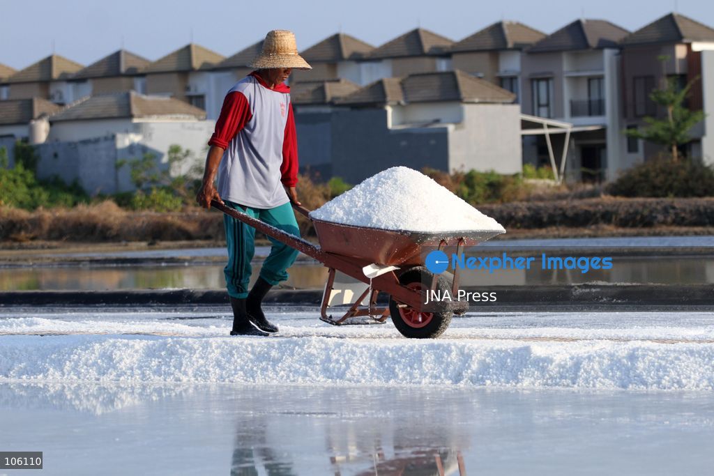 SIDOARJO, EAST JAVA, INDONESIA, OCTOBER 15, 2026: A worker harvests salt from evaporation ponds in Sedati district, Sidoarjo, East Java. Indonesia is seeking to expand domestic salt production and improve quality as part of its target to achieve salt self-sufficiency by 2027. Photo by Patrik Cahyo Lumintu / JNA Press. (Photo by Patrik Cahyo Lumintu/JNA Press via Nexpher Images)
