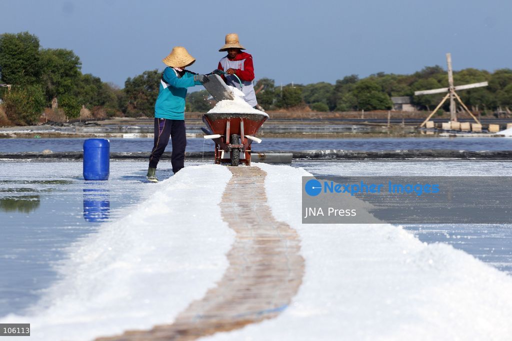 SIDOARJO, EAST JAVA, INDONESIA, OCTOBER 15, 2026: A worker harvests salt from evaporation ponds in Sedati district, Sidoarjo, East Java. Indonesia is seeking to expand domestic salt production and improve quality as part of its target to achieve salt self-sufficiency by 2027. Photo by Patrik Cahyo Lumintu / JNA Press. (Photo by Patrik Cahyo Lumintu/JNA Press via Nexpher Images)