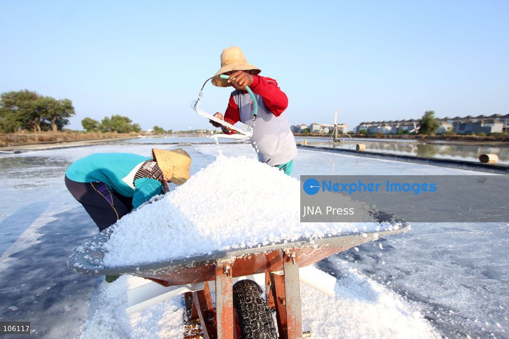 SIDOARJO, EAST JAVA, INDONESIA, OCTOBER 15, 2026: A worker harvests salt from evaporation ponds in Sedati district, Sidoarjo, East Java. Indonesia is seeking to expand domestic salt production and improve quality as part of its target to achieve salt self-sufficiency by 2027. Photo by Patrik Cahyo Lumintu / JNA Press. (Photo by Patrik Cahyo Lumintu/JNA Press via Nexpher Images)