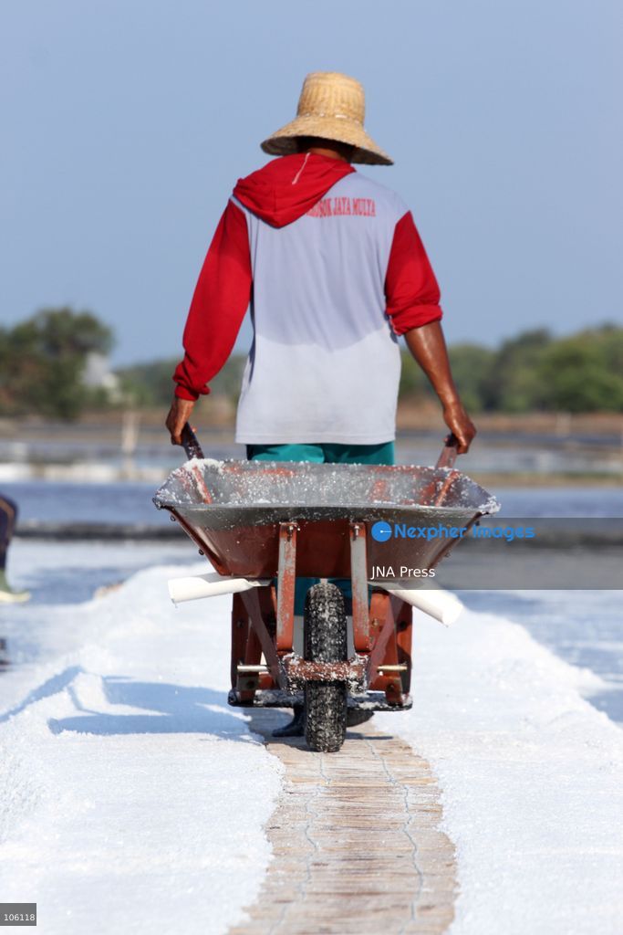 SIDOARJO, EAST JAVA, INDONESIA, OCTOBER 15, 2026: A worker harvests salt from evaporation ponds in Sedati district, Sidoarjo, East Java. Indonesia is seeking to expand domestic salt production and improve quality as part of its target to achieve salt self-sufficiency by 2027. Photo by Patrik Cahyo Lumintu / JNA Press. (Photo by Patrik Cahyo Lumintu/JNA Press via Nexpher Images)