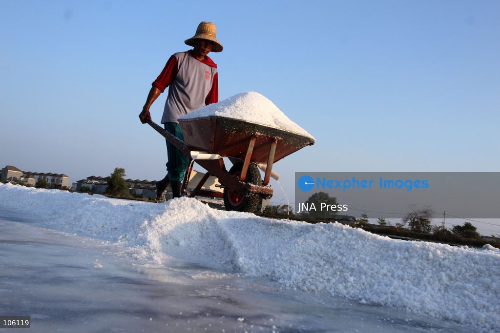 SIDOARJO, EAST JAVA, INDONESIA, OCTOBER 15, 2026: A worker harvests salt from evaporation ponds in Sedati district, Sidoarjo, East Java. Indonesia is seeking to expand domestic salt production and improve quality as part of its target to achieve salt self-sufficiency by 2027. Photo by Patrik Cahyo Lumintu / JNA Press. (Photo by Patrik Cahyo Lumintu/JNA Press via Nexpher Images)