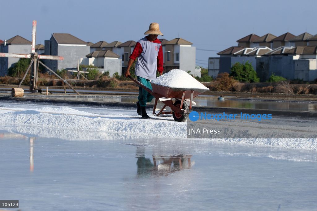 SIDOARJO, EAST JAVA, INDONESIA, OCTOBER 15, 2026: A worker harvests salt from evaporation ponds in Sedati district, Sidoarjo, East Java. Indonesia is seeking to expand domestic salt production and improve quality as part of its target to achieve salt self-sufficiency by 2027. Photo by Patrik Cahyo Lumintu / JNA Press. (Photo by Patrik Cahyo Lumintu/JNA Press via Nexpher Images)