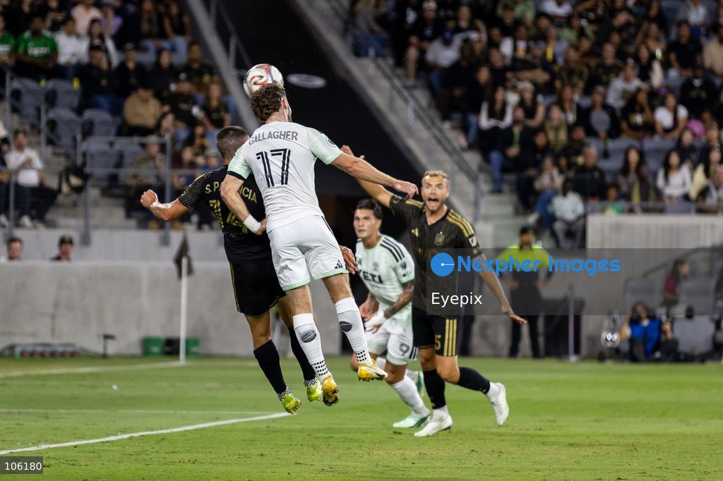 Jon Gallagher #17 of Austin FC heads the ball during the matchday 30 of Major League Soccer between Los Angeles Football Club and Austin FC at BMO Stadium on October 14, 2026 in Los Angeles, California. (Photo by Arturo Cordero / Eyepix Group) (Photo by Arturo Cordero / Eyepix Group/Eyepix via Nexpher Images)