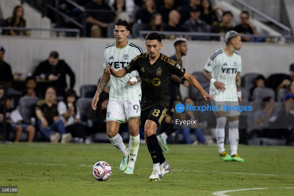 Marco Delgado #8 of Los Angeles FC runs with the ball during the matchday 30 of Major League Soccer between Los Angeles Football Club and Austin FC at BMO Stadium on October 14, 2026 in Los Angeles, California. (Photo by Arturo Cordero / Eyepix Group) (Photo by Arturo Cordero / Eyepix Group/Eyepix via Nexpher Images)