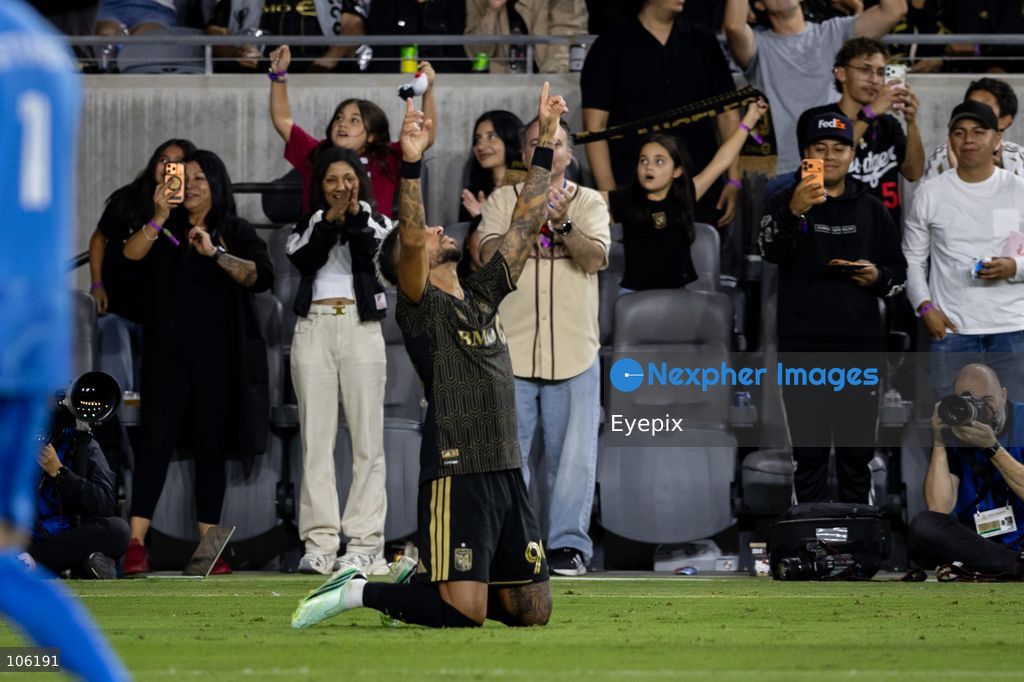 Denis Bouanga #99 of Los Angeles FC celebrating after scoring a goal during the matchday 30 of Major League Soccer between Los Angeles Football Club and Austin FC at BMO Stadium on October 14, 2026 in Los Angeles, California. (Photo by Arturo Cordero / Eyepix Group) (Photo by Arturo Cordero / Eyepix Group/Eyepix via Nexpher Images)