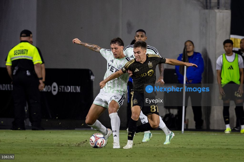 Leo Walta #81 of Los Angeles FC and Guilherme Biro #29 of Austin FC battle for the ball during the matchday 30 of Major League Soccer between Los Angeles Football Club and Austin FC at BMO Stadium on October 14, 2026 in Los Angeles, California. (Photo by Arturo Cordero / Eyepix Group) (Photo by Arturo Cordero / Eyepix Group/Eyepix via Nexpher Images)