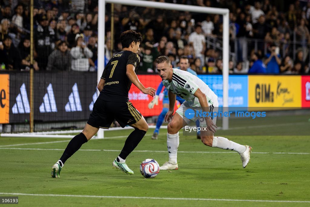 Son Heung-min #7 of Los Angeles FC is pressured by Oleksandr Svatok #5 of Austin FC during the matchday 30 of Major League Soccer between Los Angeles Football Club and Austin FC at BMO Stadium on October 14, 2026 in Los Angeles, California. (Photo by Arturo Cordero / Eyepix Group) (Photo by Arturo Cordero / Eyepix Group/Eyepix via Nexpher Images)