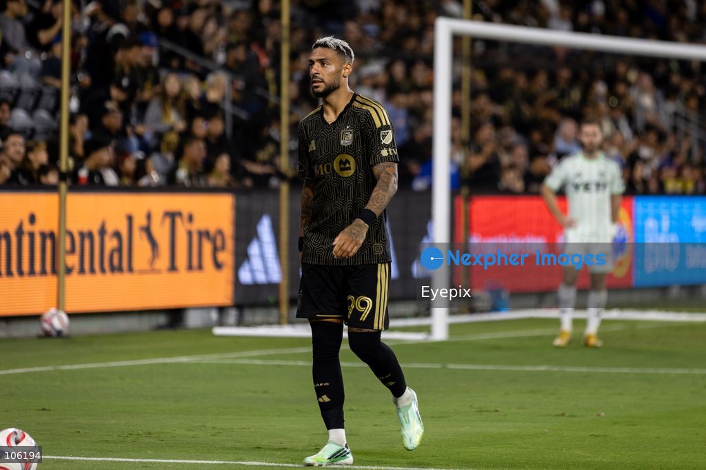 Denis Bouanga #99 controls the ball during the matchday 30 of Major League Soccer between Los Angeles Football Club and Austin FC at BMO Stadium on October 14, 2026 in Los Angeles, California. (Photo by Arturo Cordero / Eyepix Group) (Photo by Arturo Cordero / Eyepix Group/Eyepix via Nexpher Images)