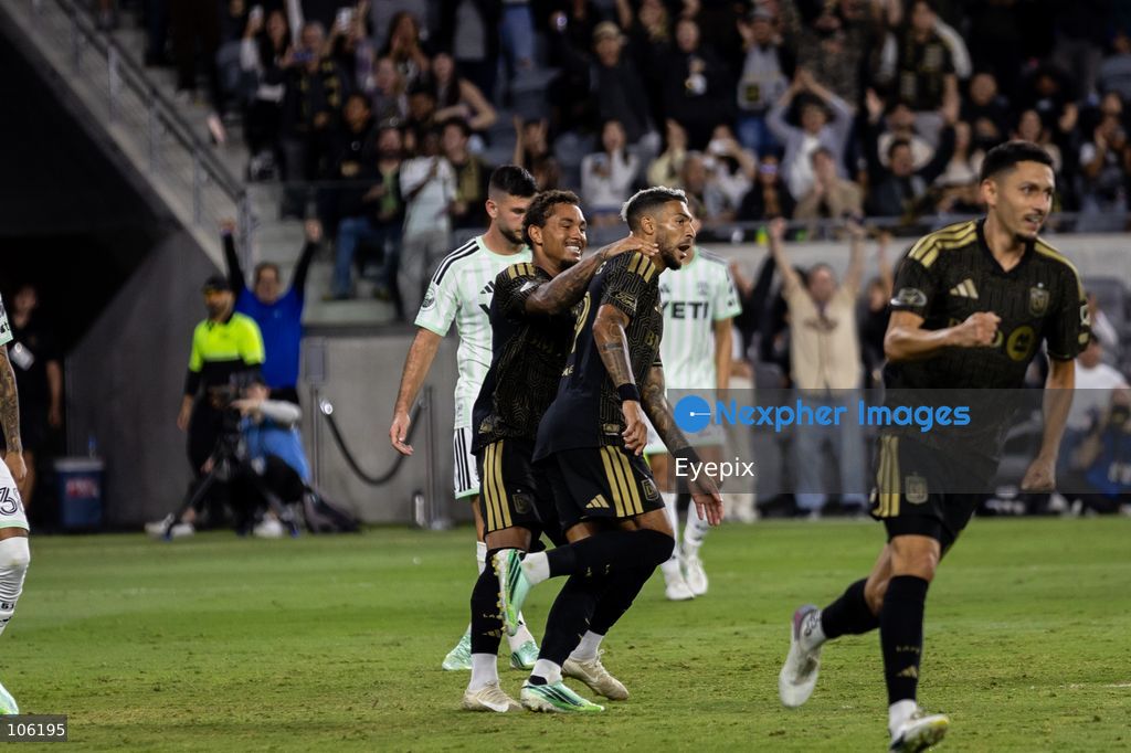 Denis Bouanga #99 of Los Angeles FC celebrating after scoring a goal during the matchday 30 of Major League Soccer between Los Angeles Football Club and Austin FC at BMO Stadium on October 14, 2026 in Los Angeles, California. (Photo by Arturo Cordero / Eyepix Group) (Photo by Arturo Cordero / Eyepix Group/Eyepix via Nexpher Images)
