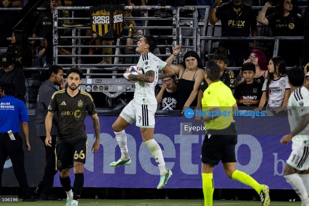 Brandon Vázquez #9 of Austin FC celebrating after scoring a goal during the matchday 30 of Major League Soccer between Los Angeles  Football Club and  Austin FC  at BMO Stadium on October 14, 2026 in Los Angeles, California. (Photo by Arturo Cordero / Eyepix Group) (Photo by Arturo Cordero / Eyepix Group/Eyepix via Nexpher Images)