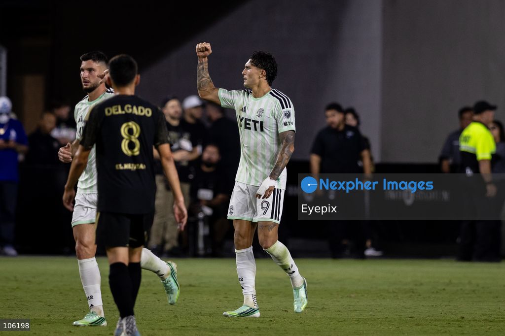 Brandon Vázquez #9 of Austin FC celebrating after scoring a goal during the matchday 30 of Major League Soccer between Los Angeles Football Club and Austin FC at BMO Stadium on October 14, 2026 in Los Angeles, California. (Photo by Arturo Cordero / Eyepix Group) (Photo by Arturo Cordero / Eyepix Group/Eyepix via Nexpher Images)