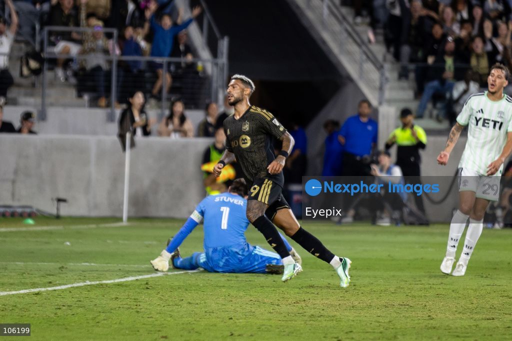 Denis Bouanga #99 of Los Angeles FC celebrating after scoring a goal during the matchday 30 of Major League Soccer between Los Angeles Football Club and Austin FC at BMO Stadium on October 14, 2026 in Los Angeles, California. (Photo by Arturo Cordero / Eyepix Group) (Photo by Arturo Cordero / Eyepix Group/Eyepix via Nexpher Images)