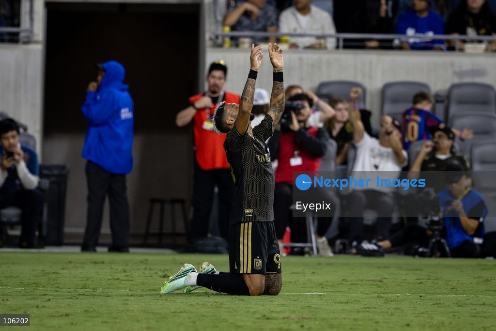 Denis Bouanga #99 of Los Angeles FC celebrating after scoring a goal during the matchday 30 of Major League Soccer between Los Angeles Football Club and Austin FC at BMO Stadium on October 14, 2026 in Los Angeles, California. (Photo by Arturo Cordero / Eyepix Group) (Photo by Arturo Cordero / Eyepix Group/Eyepix via Nexpher Images)