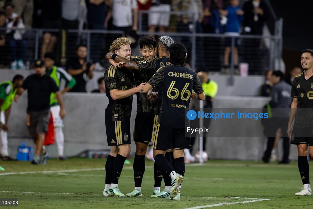 Denis Bouanga #99 of Los Angeles FC and his teammates celebrating after scoring a goal during the matchday 30 of Major League Soccer between Los Angeles Football Club and Austin FC at BMO Stadium on October 14, 2026 in Los Angeles, California. (Photo by Arturo Cordero / Eyepix Group) (Photo by Arturo Cordero / Eyepix Group/Eyepix via Nexpher Images)