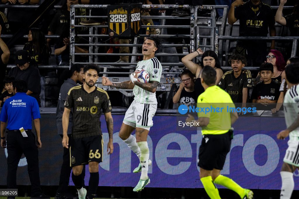 Brandon Vázquez #9 of Austin FC celebrating after scoring a goal during the matchday 30 of Major League Soccer between Los Angeles Football Club and Austin FC at BMO Stadium on October 14, 2026 in Los Angeles, California. (Photo by Arturo Cordero / Eyepix Group) (Photo by Arturo Cordero / Eyepix Group/Eyepix via Nexpher Images)