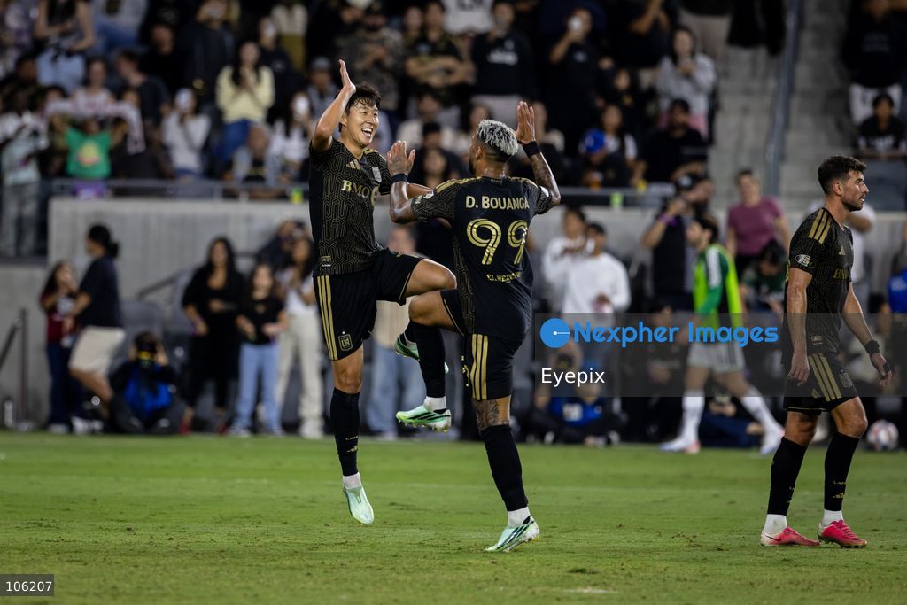 Denis Bouanga #99 and Son Heung-min #7 of Los Angeles FC celebrating after scoring a goal during the matchday 30 of Major League Soccer between Los Angeles Football Club and Austin FC at BMO Stadium on October 14, 2026 in Los Angeles, California. (Photo by Arturo Cordero / Eyepix Group) (Photo by Arturo Cordero / Eyepix Group/Eyepix via Nexpher Images)