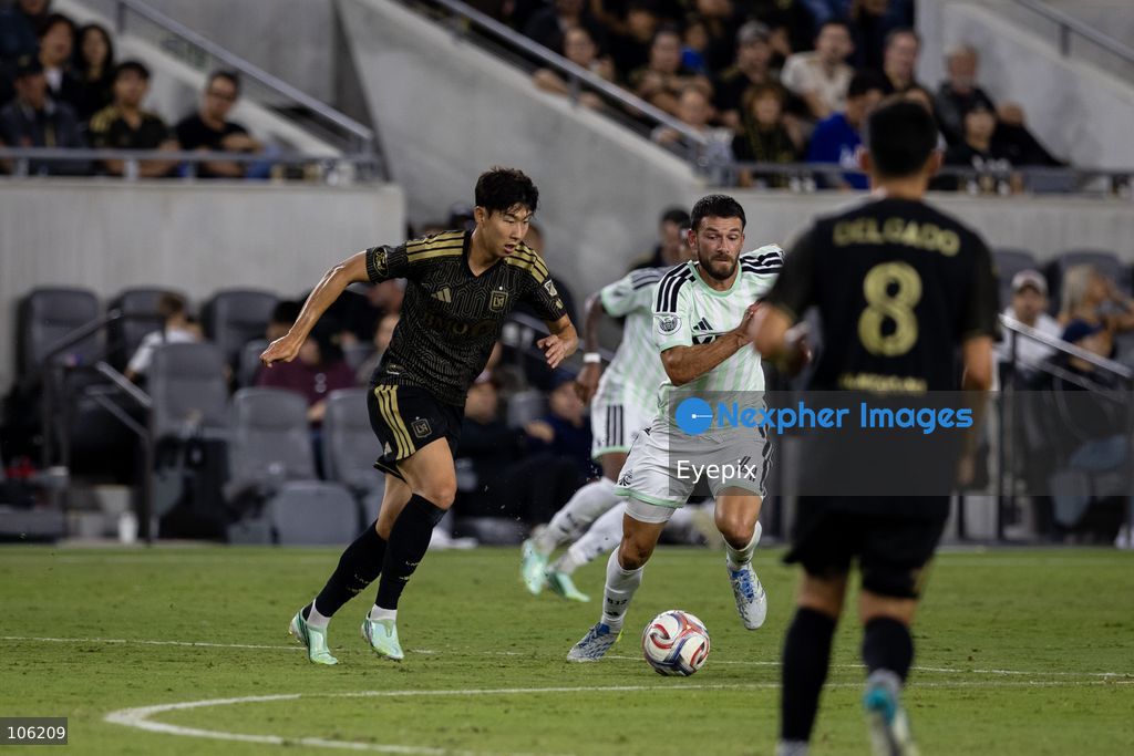 Son Heung-min #7 of Los Angeles FC and Brendan Hines-Ike #4 of Austin FC battle for the ball during the matchday 30 of Major League Soccer between Los Angeles Football Club and Austin FC at BMO Stadium on October 14, 2026 in Los Angeles, California. (Photo by Arturo Cordero / Eyepix Group) (Photo by Arturo Cordero / Eyepix Group/Eyepix via Nexpher Images)