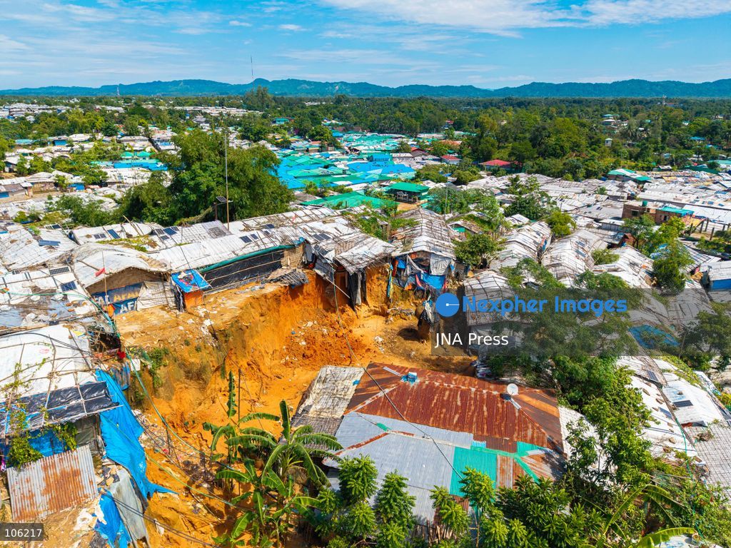 UKHIYA, COX’S BAZAR, BANGLADESH, OCTOBER 14, 2026: Aerial views show densely packed shelters, pathways and access roads across the Kutupalong Rohingya refugee camp in Ukhiya, Cox’s Bazar. The settlement extends across a hilly landscape interspersed with vegetation. Photo by [Photographer Name] / JNA Press. (Photo by Istiyak Ahamed Srabon/JNA Press via Nexpher Images)