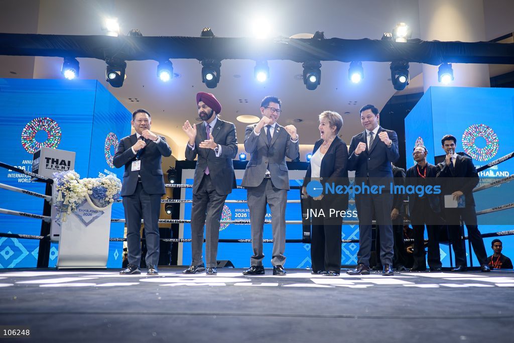 BANGKOK, THAILAND - OCTOBER 15, 2026: Thailand's Deputy Prime Minister and Minister of Finance, Ekniti Nitithanprapas (C), World Bank Group President Ajay Banga (L2), International Monetary Fund Managing Director Kristalina Georgieva (R1), and Governor of the Bank of Thailand Vitai Ratanakorn (R2), pose for a group photo during a THAI FIGHT showcase at the Queen Sirikit National Convention Center (QSNCC) in Bangkok, as part of the 2026 Annual Meetings of the International Monetary Fund (IMF) and the World Bank Group. The event features traditional Thai martial arts as part of a cultural showcase aimed at promoting Thailand’s cultural heritage to an international audience. Photo by Watsawat Koktabtim / JNA Press. (Photo by Watsawat "James" Koktabtim/JNA Press via Nexpher Images)