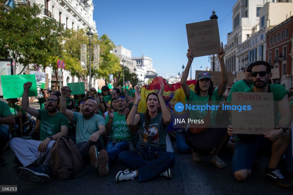 MADRID, SPAIN, OCTOBER 15, 2026: Teachers gather during the second day of an indefinite strike demanding greater resources for public education and improved working conditions in the Community of Madrid. Photo by C. Carvajal / JNA Press. (Photo by C. Carvajal/JNA Press via Nexpher Images)