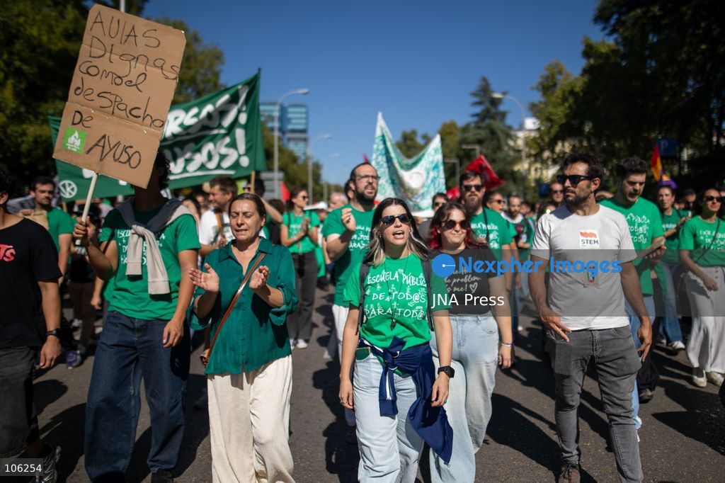MADRID, SPAIN, OCTOBER 15, 2026: Teachers gather during the second day of an indefinite strike demanding greater resources for public education and improved working conditions in the Community of Madrid. Photo by C. Carvajal / JNA Press. (Photo by C. Carvajal/JNA Press via Nexpher Images)