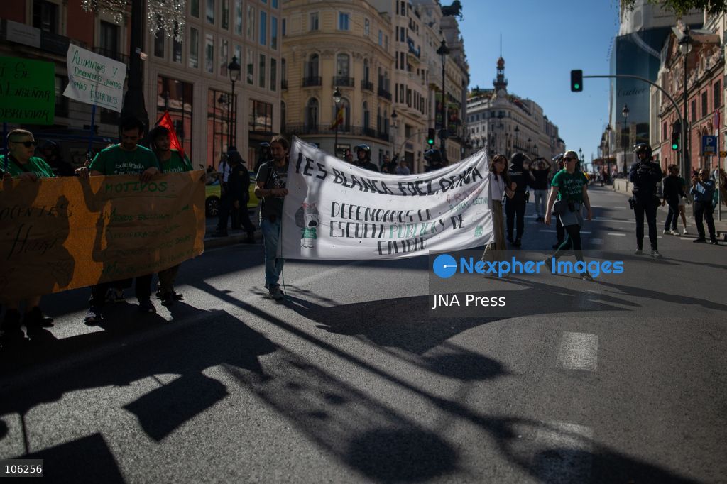MADRID, SPAIN, OCTOBER 15, 2026: Teachers gather during the second day of an indefinite strike demanding greater resources for public education and improved working conditions in the Community of Madrid. Photo by C. Carvajal / JNA Press. (Photo by C. Carvajal/JNA Press via Nexpher Images)