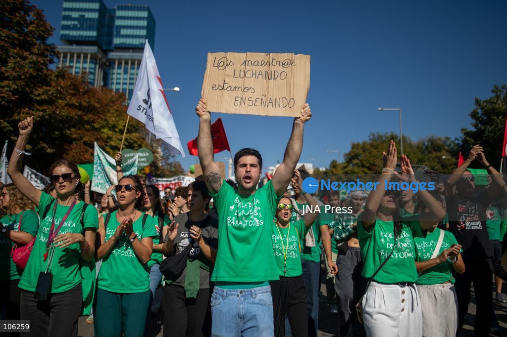 MADRID, SPAIN, OCTOBER 15, 2026: Teachers gather during the second day of an indefinite strike demanding greater resources for public education and improved working conditions in the Community of Madrid. Photo by C. Carvajal / JNA Press. (Photo by C. Carvajal/JNA Press via Nexpher Images)