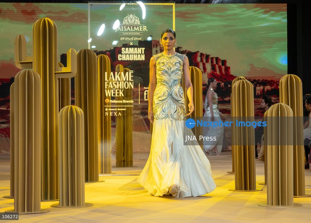 NEW DELHI, INDIA, OCTOBER 15, 2026: Models showcase creations by designer Samant Chauhan in collaboration with Jaisalmer Crafted Bar Collectibles during Lakme Fashion Week x FDCI at the Taj Palace in New Delhi. Photo by Vishal Kapoor / JNA Press. (Photo by Vishal Kapoor/JNA Press via Nexpher Images)