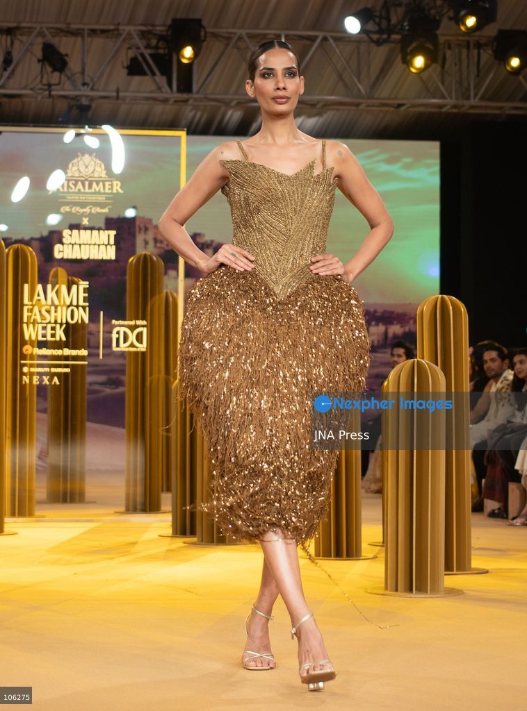 NEW DELHI, INDIA, OCTOBER 15, 2026: Models showcase creations by designer Samant Chauhan in collaboration with Jaisalmer Crafted Bar Collectibles during Lakme Fashion Week x FDCI at the Taj Palace in New Delhi. Photo by Vishal Kapoor / JNA Press. (Photo by Vishal Kapoor/JNA Press via Nexpher Images)