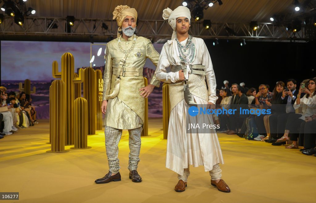 NEW DELHI, INDIA, OCTOBER 15, 2026: Models showcase creations by designer Samant Chauhan in collaboration with Jaisalmer Crafted Bar Collectibles during Lakme Fashion Week x FDCI at the Taj Palace in New Delhi. Photo by Vishal Kapoor / JNA Press. (Photo by Vishal Kapoor/JNA Press via Nexpher Images)