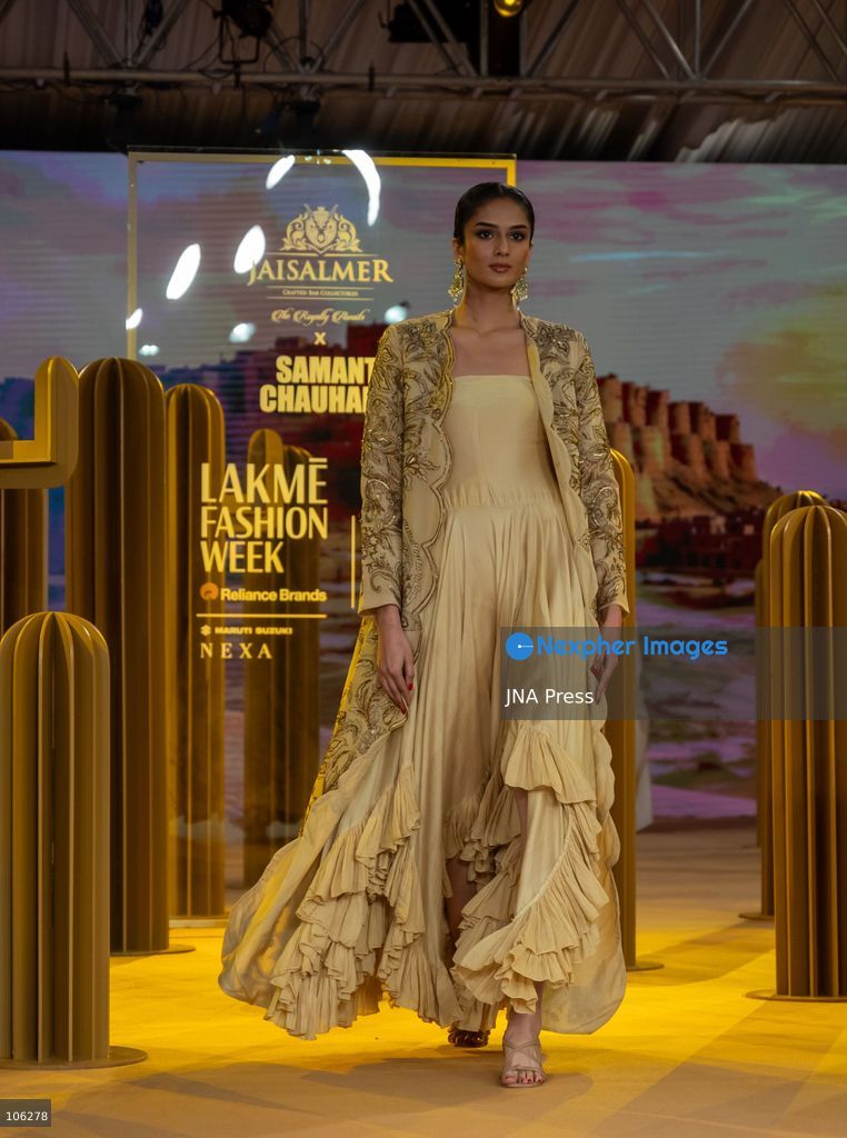 NEW DELHI, INDIA, OCTOBER 15, 2026: Models showcase creations by designer Samant Chauhan in collaboration with Jaisalmer Crafted Bar Collectibles during Lakme Fashion Week x FDCI at the Taj Palace in New Delhi. Photo by Vishal Kapoor / JNA Press. (Photo by Vishal Kapoor/JNA Press via Nexpher Images)