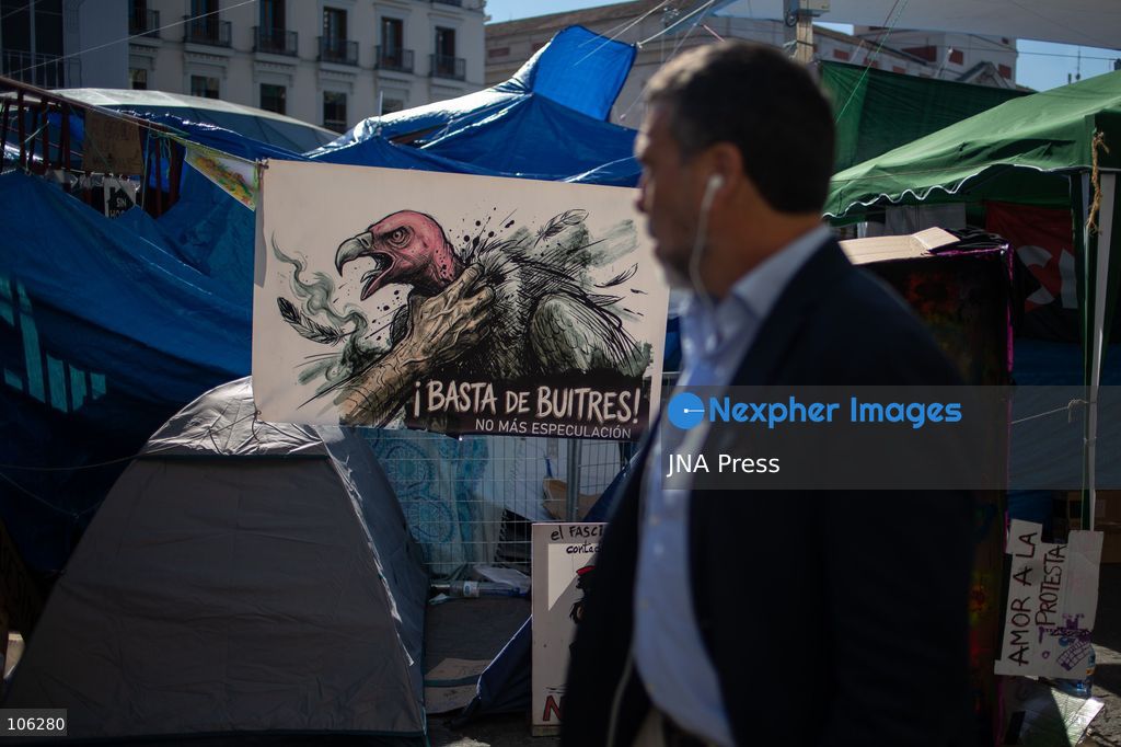 MADRID, SPAIN, OCTOBER 15, 2026: A view of the housing rights protest encampment at Puerta del Sol in central Madrid. Demonstrators maintain the camp to demand affordable housing and measures to address the housing crisis. Photo by C. Carvajal / JNA Press. (Photo by C. Carvajal/JNA Press via Nexpher Images)