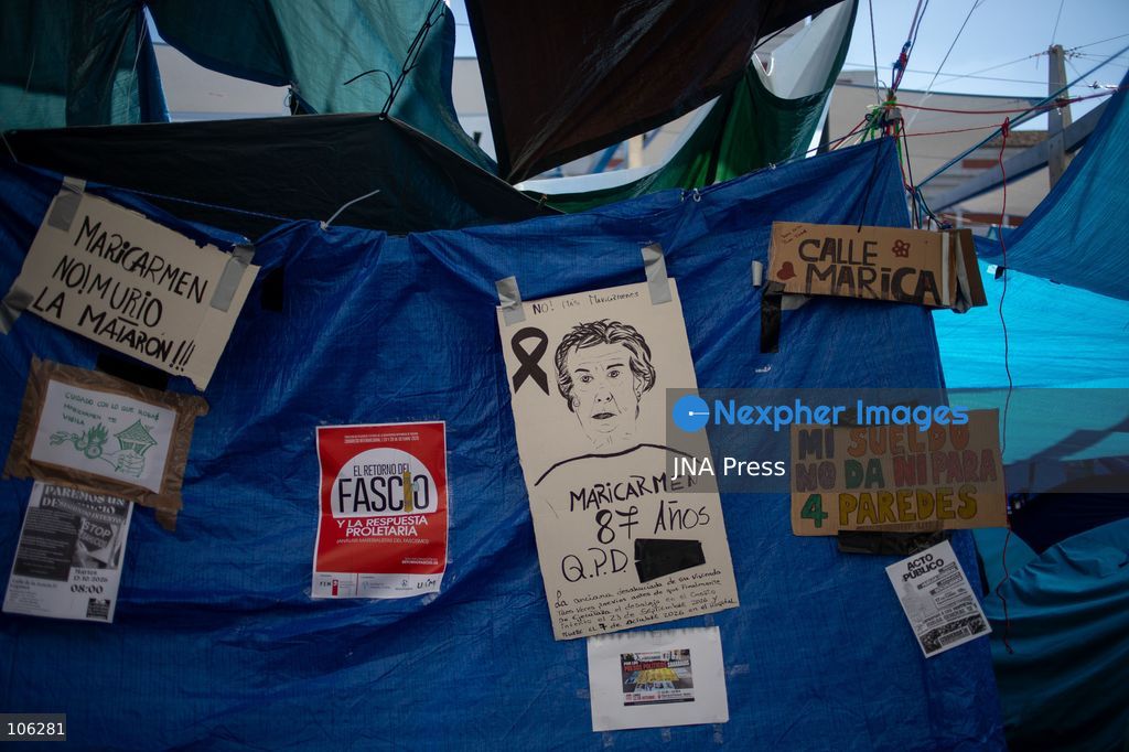 MADRID, SPAIN, OCTOBER 15, 2026: A view of the housing rights protest encampment at Puerta del Sol in central Madrid. Demonstrators maintain the camp to demand affordable housing and measures to address the housing crisis. Photo by C. Carvajal / JNA Press. (Photo by C. Carvajal/JNA Press via Nexpher Images)
